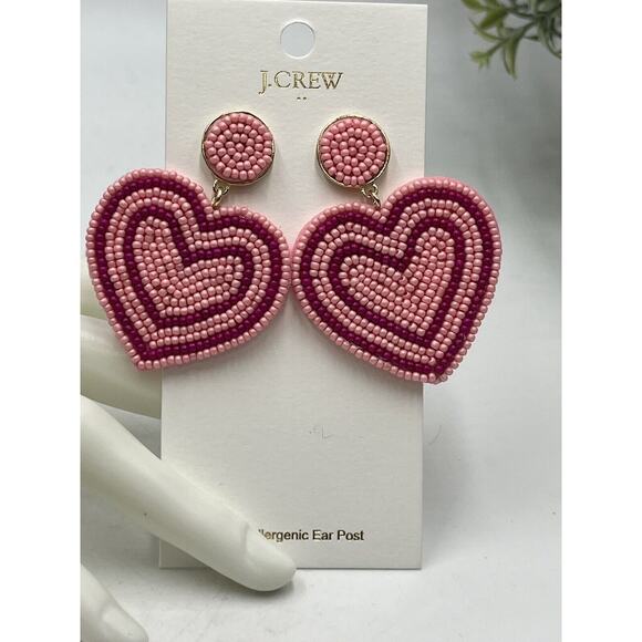 J. Crew Himalayan Spice Pink Red Beaded Heart Statement Dangle Earrings New - Picture 2 of 8